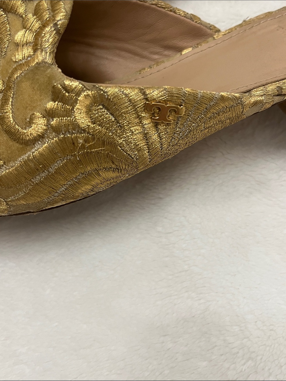 Tory Burch Metallic Gold Embroidered Slip-On Mules - Picture 5 of 11